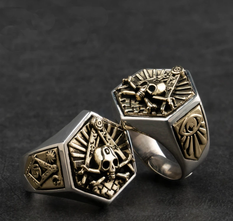 Real 925 Sterling Silver Men`s Skull Symbol Mason Freemasonry Masonic  Jewelry Gift A4522
