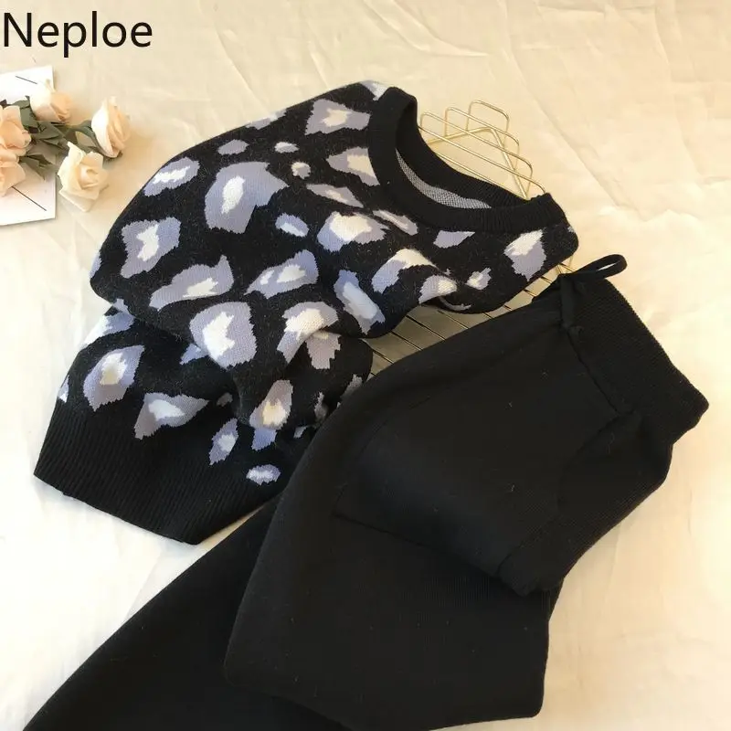 Neploe Ins Повседневный вязаный комплект из 2 предметов для женщин пуловер с круглым вырезом свитер с леопардовой раскраской+ Высокая талия эластичные штаны модный костюм New48429