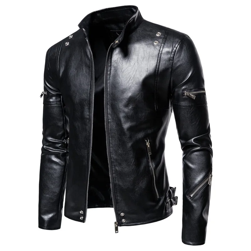 

New 2020 Casual Leather Jacket Men Stand Collar Zipper Solid Color Simple Men Jackets Autumn Fashion PU Slim Men's Jacket