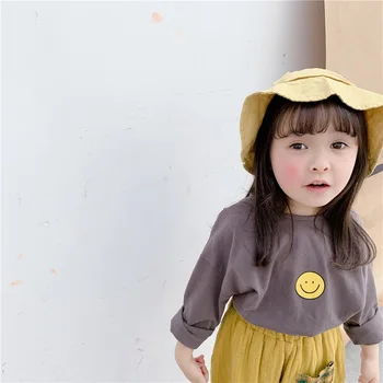 

2020 Spring Girls Korean-style Printed T-shirt Infant Baby Long Sleeved Kids Shirt Simle Face Girl Baby All Match Leisure Tops