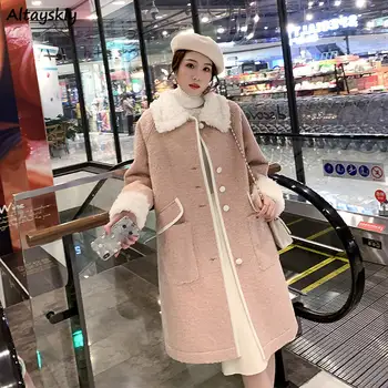 

Long Woolen Coat Women Winter Thickening Warm Plus Size 3XL Pockets Patchwork Pink Sweet Leisure Females Overcoat Korean Style