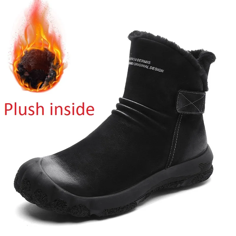 Plush inside Зимние ботинки из натуральной кожи; Мужские Водонепроницаемые зимние ботинки; уличная теплая зимняя обувь для мужчин; нескользящие ботильоны; Уличная обувь - Цвет: Plush inside