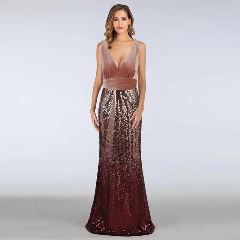 Charming V Neck Sleeveless Mermaid Evening Dresses Fashion Sequins V Back Burgundy Champagne Formal Prom Gowns