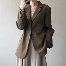 Blazer informal de manga con botones para mujer, chaqueta fina suelta coreana, color marrón, Otoño, 2021