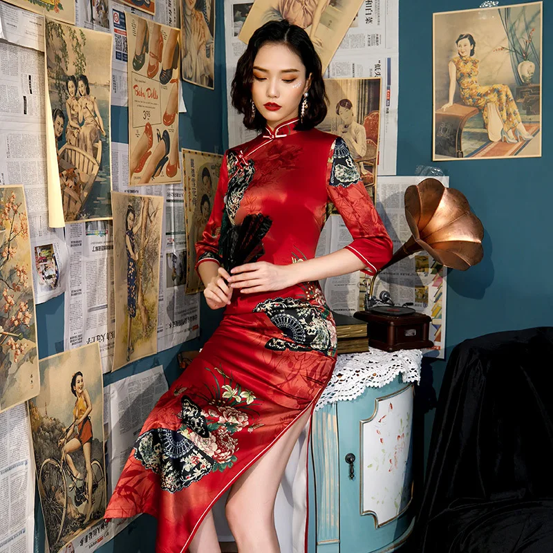 Модное Летнее Длинное платье Cheongsam, сексуальное платье в китайском стиле, красное женское элегантное тонкое платье с принтом, Qipao, Новое поступление, Vestidos, Размер 4XL