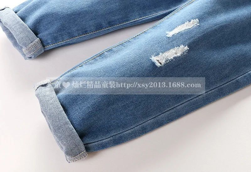 Autumn Clothing Crawler Fashion High-waisted Frilled Girls with Holes Jeans Big Kid Loose Version of Long Pants 110-160
