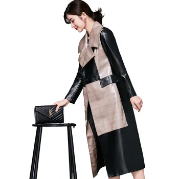 

Women 2019 Autumn Winter Long Faux Leather Coat Soft Slim Casual Leather Jacket Female New Fashion Patchwork Trench Coat T120