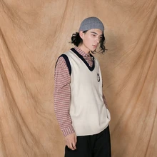 Японский Retro College Wind мужской вязаный жилет свободный Гонконгский ветер студенческий свитер с v-образным вырезом блузка без воротника