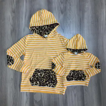 

mom and me clothes baby girls yellow stripe hoodie with leopard print hat and pocket kids boutique cotton hoodie