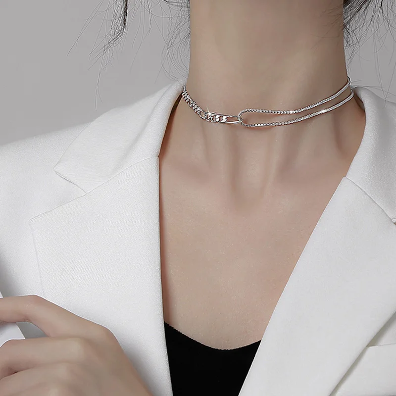 New Trendy Silver Color 925 Sterling Silver Shiny AAA Zircon Chain Choker For Women Wedding Necklace Gift Fine Jewelry NK070