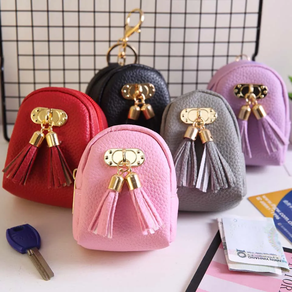 

Fashion Tassel Small Wallet Key Pack Korean Cute Mini Back pack Coin Purse Student Women Solid Color PU Leather Zipper Coin Bag
