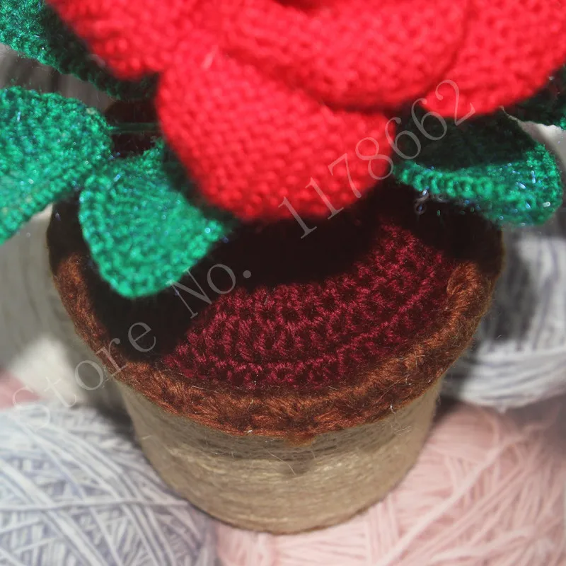 Вязание Wool Yarn Hand Knitted Pot Flower Artificial Flower Rose Valentine's Day Gift For Lovers Christmas Home Desk Decoration