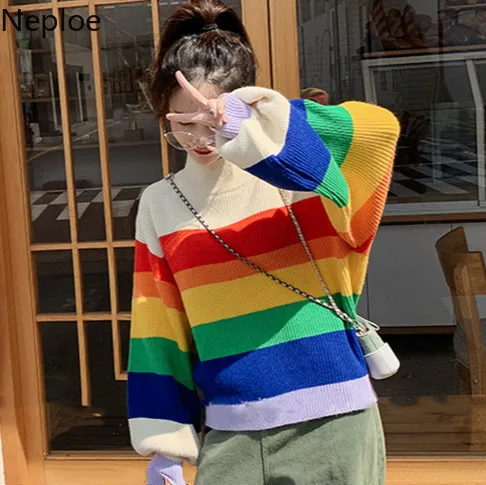 

Neploe Rainbow Stripe Pullover Sweater Puff Long Sleeve Causal Knitted Tops Femme 2020 Autumn Winter Korean Pull Jumpers 56517