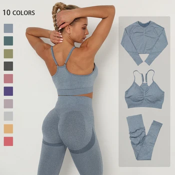 Seamless Yoga Set Women Workout Sportswear Gym Clothing Fitness Long Sleeve Crop Top High Waist Leggings+Sport Bra Sports Suits 1
