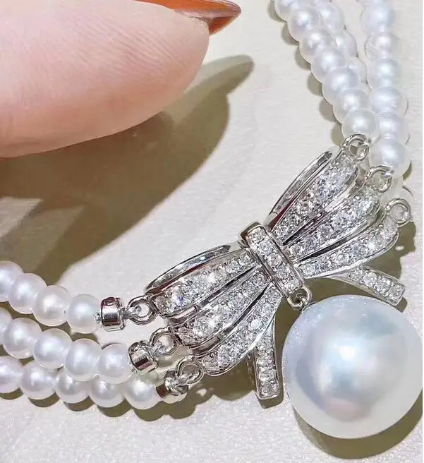 free shipping  jewelry Handmade 3Strands 4-5mm White Pearl CZ Necklace Pendant 925 silver micro inlay zircon clasp accessory