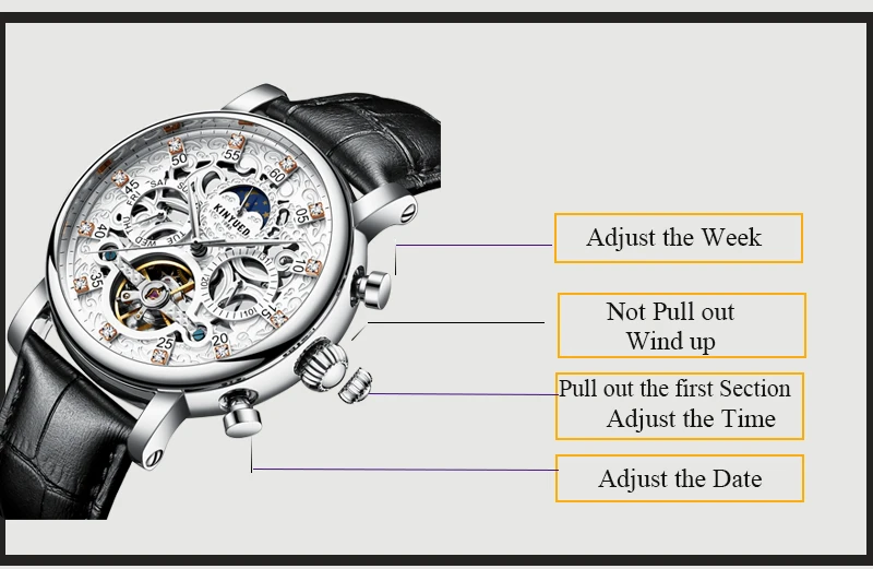 KINYUED Classic Skeleton Watch Men Automatic Tourbillon Mens Mechanical Wristwatch Leather Moon Phase Calendar Male Clock