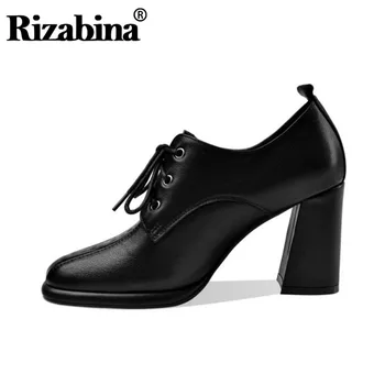 

RIZABINA Spring Autumn Women Pumps Shoes Fashion Lace Up Real Leather Shoes Women Square Heels Low Platform Footwear Size 33-43
