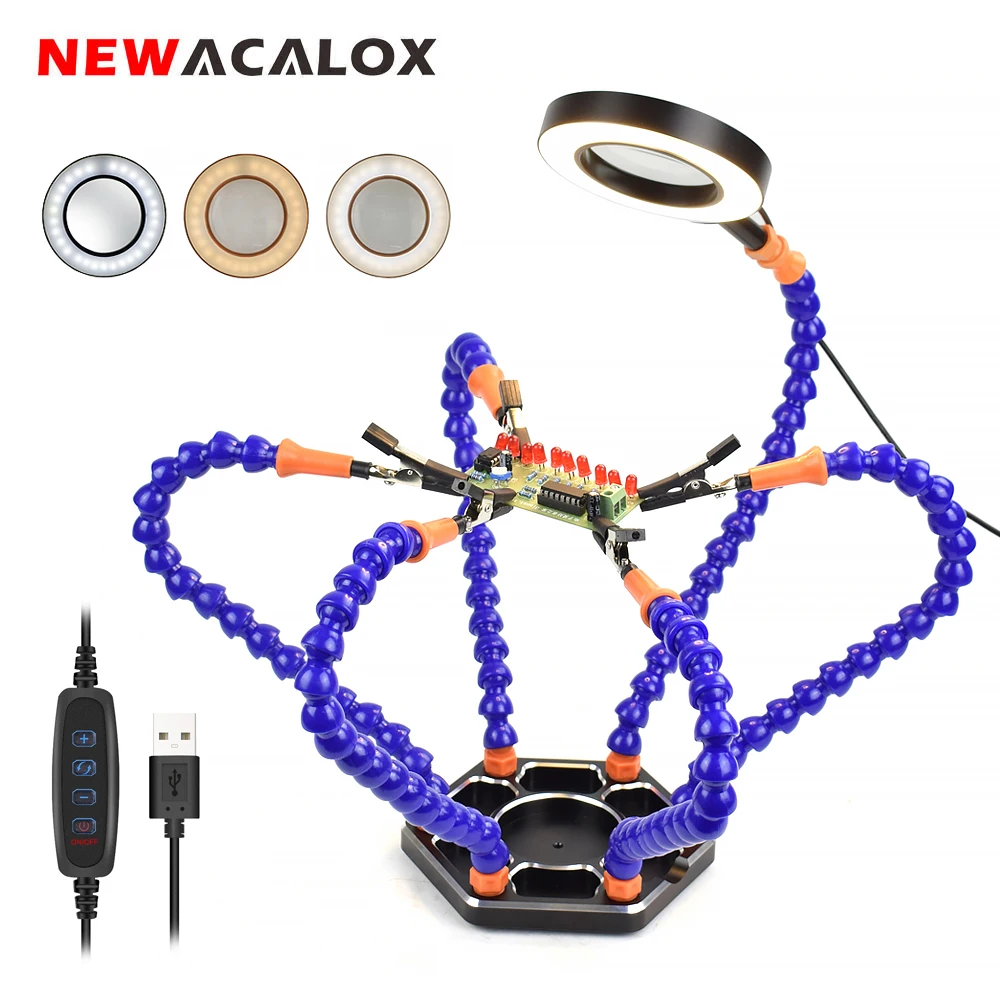 NEWACALOX Soldering Third Hand PCB Helping Hands Welding Rework Station 3X USB LED Magnifier Table Lamp Soldering Iron Stand