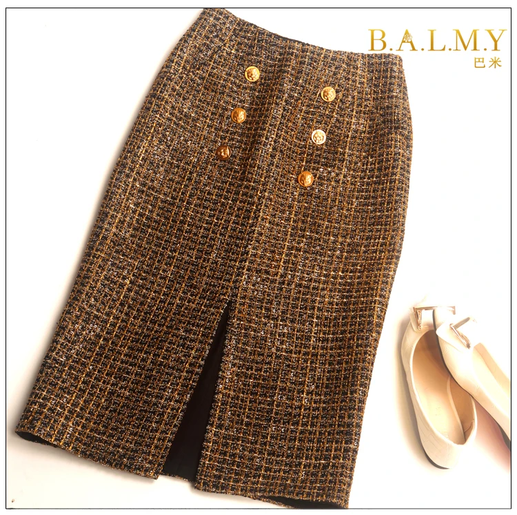 Retro plaid tweed woolen skirt women double breasted autumn winter small fragrance package hip skirt