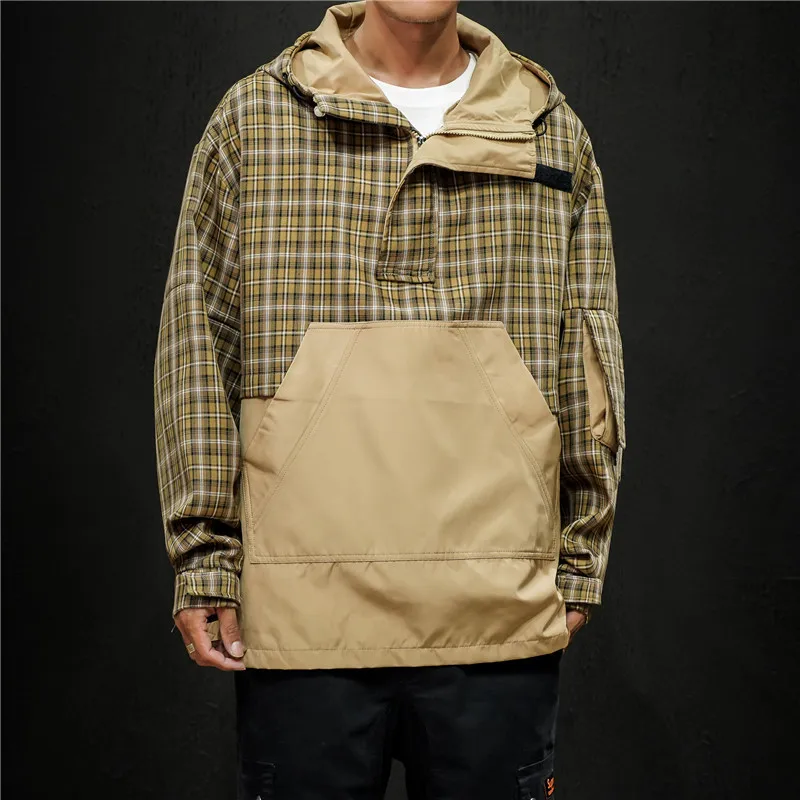 

2019 Autumn And Winter Men's New Casual Hit Color Lattice Hooded Jacket Men Loose Temperament Trend Cotton Streetwear