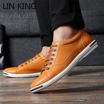 

LIN KING Luxury Pu Leather Shoes For Men Big Size Flats Casual Shoes Comfortable Anti Skid Walking Sneakers Lace Up Ankle Shoes
