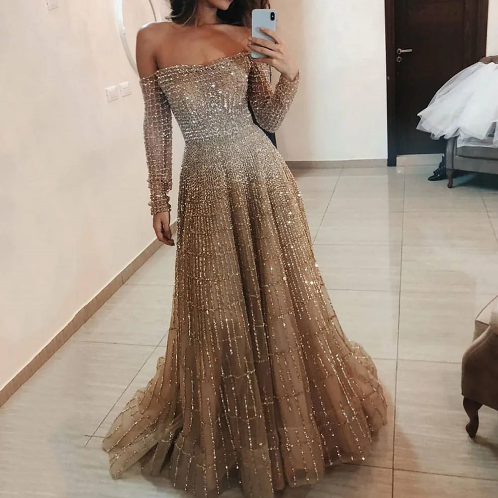 

Off The Shouder Sequined Prom Party Dress Women Elegant Plaid Sparkly Wedding Dresses Sexy Backless Brown Maxi Long Vestidos