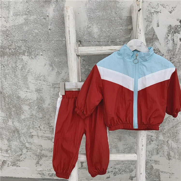 Весенне-осенние комплекты модной спортивной одежды для мальчиков и девочек с цветным блокированием детское тонкое пальто на молнии и штаны костюмы из 2 предметов