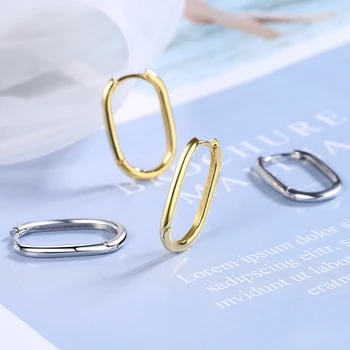 

LEKANI 100% 925 Silver Female Earring Korean Fashion Minimalism Delicate Gold Oval Hoop Earrings Fine Jewelry for Girls Gifts