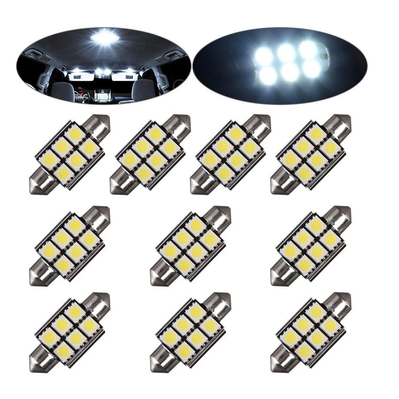 

6PCs Bright White Festoon 6 SMD 5050 LED 6led C5 36mm 39mm Dome Interior License Plate Light Wholesale DC12V Auto Door Bulb
