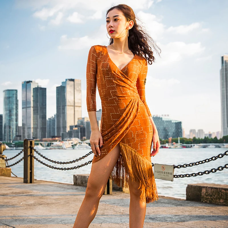 Orange Dress Платье для латинских танцев, Осеннее современное платье, танцевальный костюм, Женская юбка с бахромой, одежда для выступлений, Профессиональные Платья для латинских танцев BL2857 - Цвет: Orange Dress