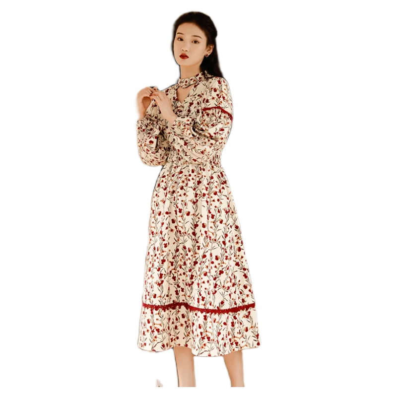 Make the cochineal chamois cloth with soft nap, autumn and winter thick dress beige corduroy girls retro floral dress