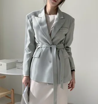 

2020 New Autumn Solid Blazers Women Korean Work Wear Formal Blazer Loose Elegant OL Suit Collar Jacket Female with Belt