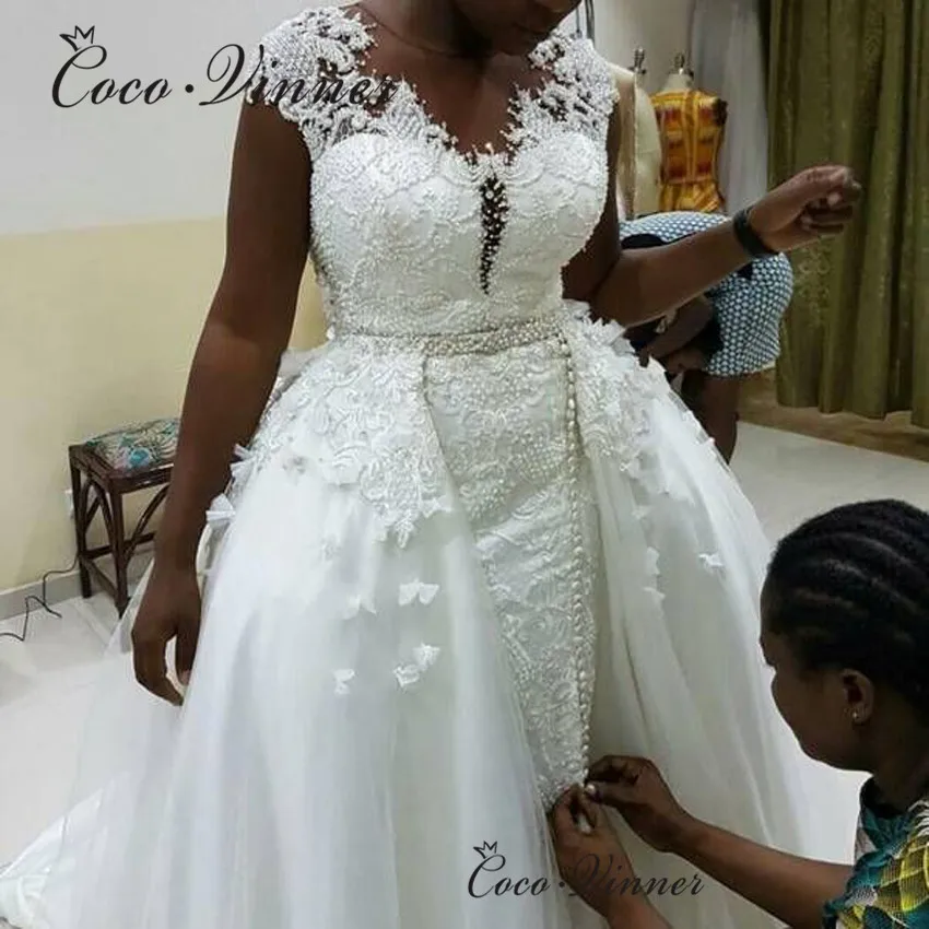 Beautiful Appliques 2 IN 1 Wedding Dress 2022 New Style Mermaid Weding Dresses Detachable Train Bride For Women W0716 | Свадьбы и