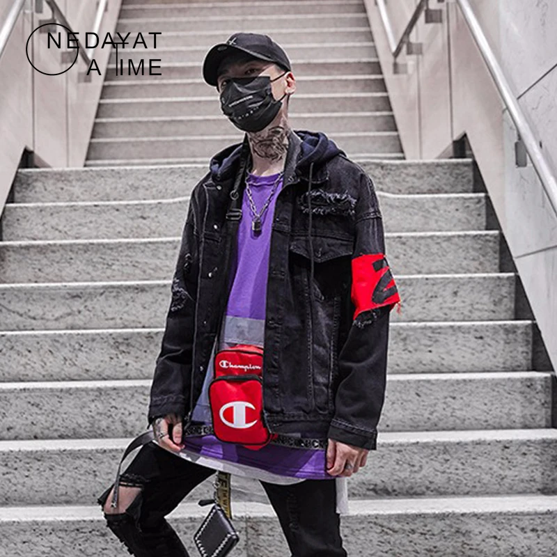 Koop Mannen Black Ripped Gat Vernietigd Denim Jassen Mouwen Tie Dye Casual Jeans Jas Jassen Hip Hop Streetwear Heren Punk Rock uitloper