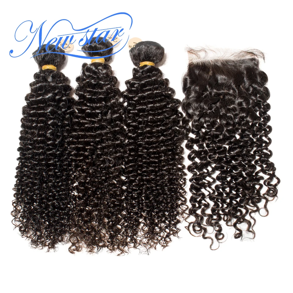 

Brazilian Afro Kinky Curly Virgin Hair 3 Bundles Weaving With Lace 4x4 Closure New Star Human Hair Product And Free Part Closure