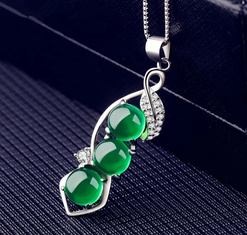 Natural Green Hetian Jade Bean Pendant 925 Silver Necklace Chinese