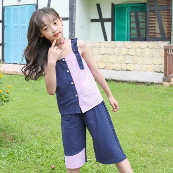 

New 2020 Children Summer Cotton Clothing Sets Girls 2 Pieces Striped Patchwork Vest Shirts Tops & Wide Leg Pants Kids Set Suits