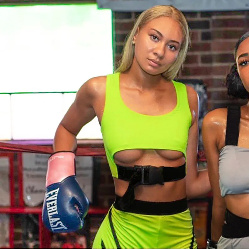Ahagaga Neon Green Buckle 2 Piece Set Womens Sport Active Wear Casual Sleeveless Tracksuits Workout hollow Out Top And Shorts | Женская