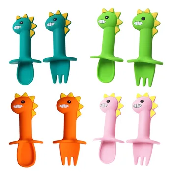 

Baby Learn Spoon Fork Sets 2Pcs/Set Short Easy Spoon Cartoon Dinosaur Silicone Teether Toys Anti-slip Feeding Training Utensils