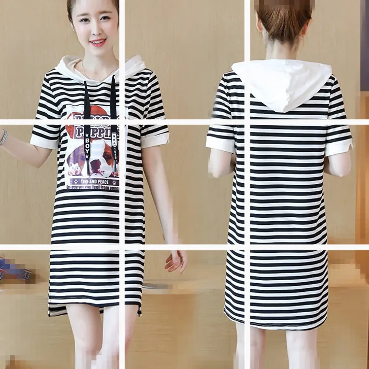 

2019 Summer New Style Printed T-shirt WOMEN'S Short Sleeved Mid-length Loose And Plus-sized Stripes Hooded T-shirt Skirt