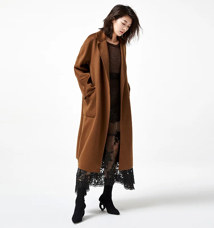 Шерстяное Женское пальто осеннее и зимнее классическое двухстороннее кашемировое пальто волнистое кашемировое длинное пальто свободный пояс черное корейское пальто