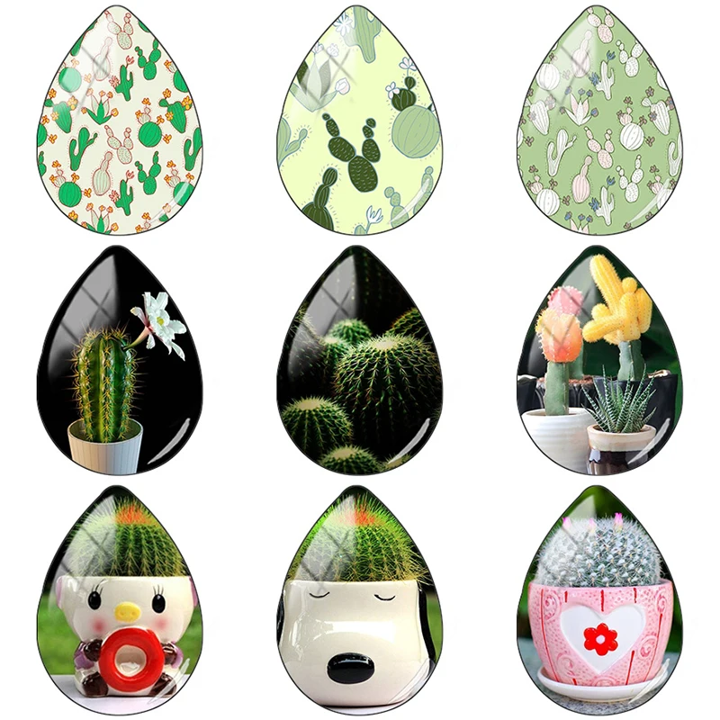 TAFREE Exquisite cactus potted plant 18x25mm Handmade Tear Drop Shape Glass Cabochon Dome Flat Back DIY Jewelry Making CA116 | Украшения и