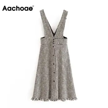 

Fashion Plaid Dress Women V Neck Sleeveless Streetwear Dresses Lady A Line Tassel Knee Length Casual Sundresses Ropa Mujer