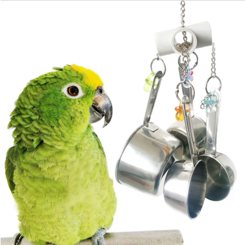 

Parrot Bird toy Chewing Swing Spoon Bell Stainless Steel Hanging Chew Sound toy Climb Cockatiel Parakeet African Grey Bird Bites