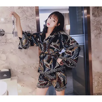 

Herislim 3 Pieces Autumn Pajamas Set Sexy Tassel Lace Pyjamas Elegant Female Slik Robe And Shorts Casual Homewear Sleepwear