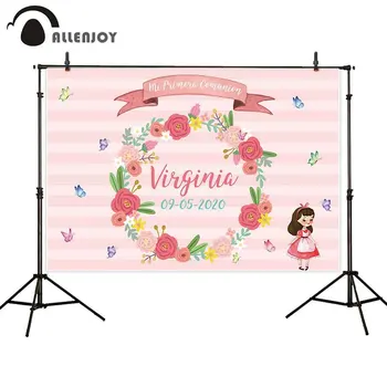 

Allenjoy Girl Event Party Curtains Stripe Flowers Leaves Butterfly Wreath Pink Wallpapers Holy Communion Baptism Banner Supplies