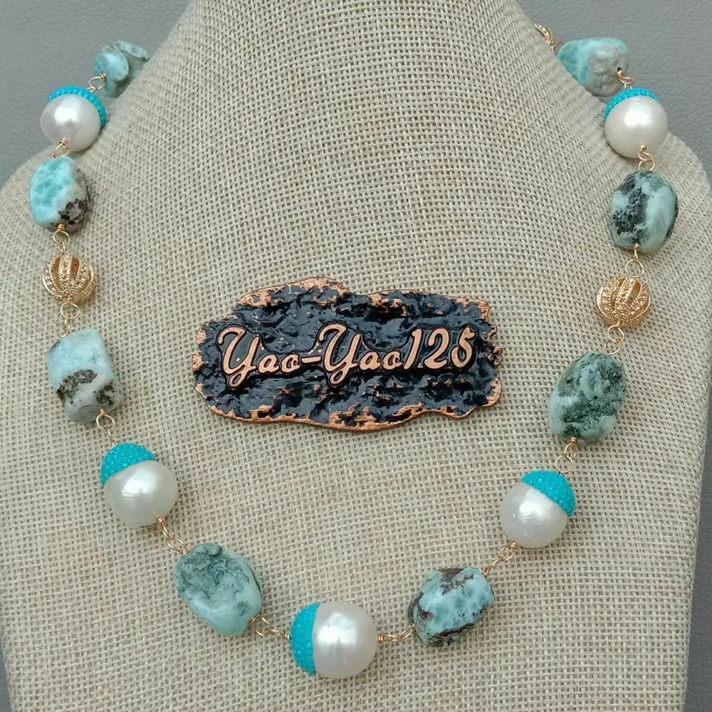 

20" White Keshi Pearl Blue Larimar Necklace