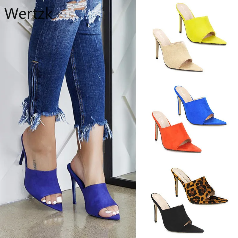 

2019Summer Style Women Leopard High Heels Mules Pointed Toe Sexy Women Slides Female Thin High Heels Female Outdoor SlippersA959