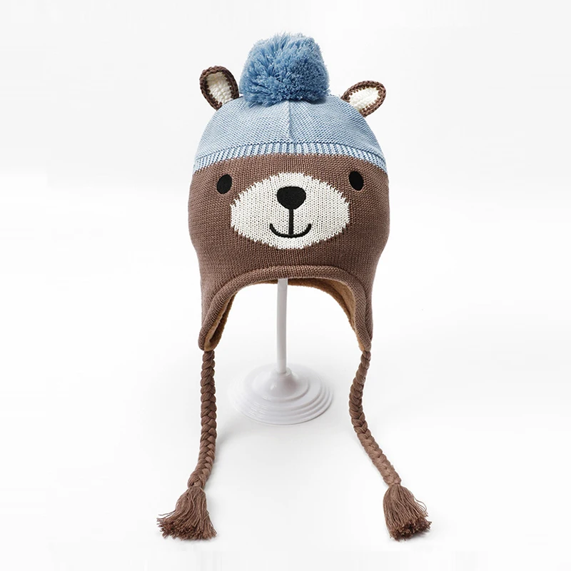 Winter Earflap Hat Kid Boy Girl Knit Beanie Autumn Bear Animal Cotton Warm Skiing Pompom Fleece Outdoor Accessory Toddler Baby (4)