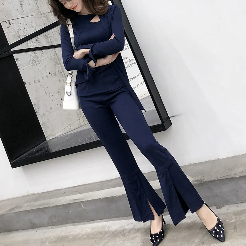 

WOMEN'S Dress 2019 Autumn Clothing New Fashion Korean-style Elegant Hollow out Tops Slimming Wide-Leg Bell-bottom Pants Two-Piec
